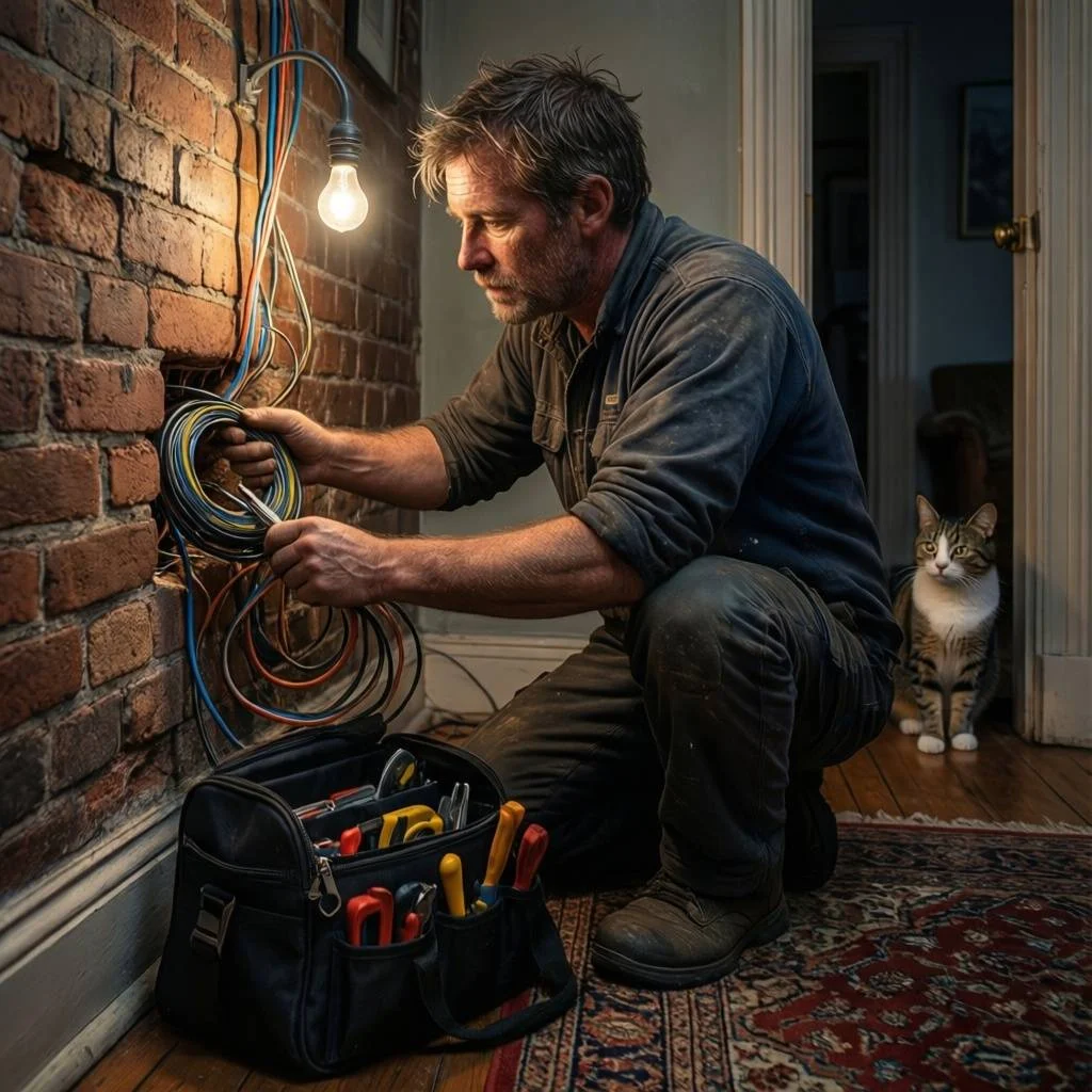 Warehouse Split System Installation Technician kneeling on wooden floor next to brick wall installing split system warehouses air conditioner, with colorful