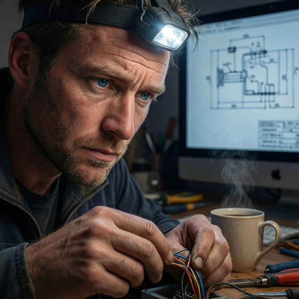 Expert Air Conditioner Installation Technician wearing a headlamp inspects wiring while installing a split system air conditioner, referencing engineering