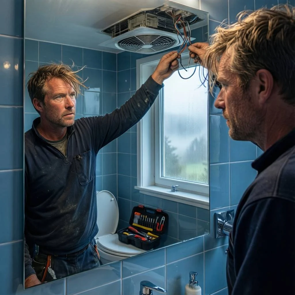 Technician ensuring compliance with split system air conditioning legislation while installing wiring in a tiled bathroom