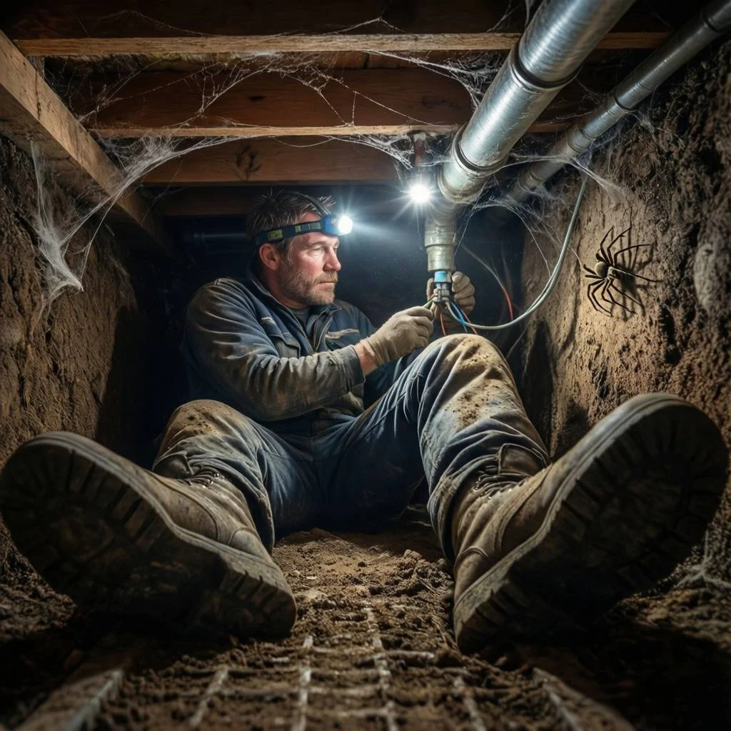 A technician assesses ductwork for accurate split system air conditioner sizing in a dim, dusty crawl space.