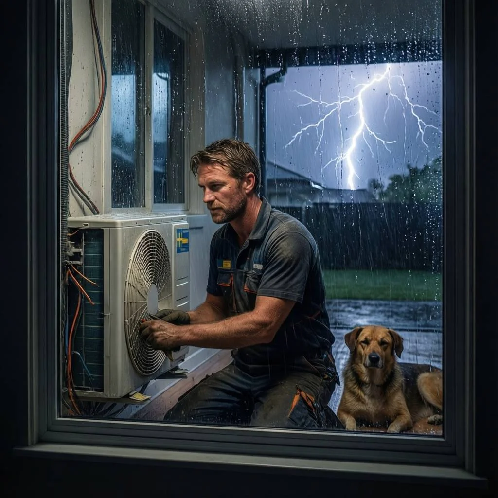 Technician repairing a split system air conditioner in Melbourne during a storm, call 0420718827 for reliable service