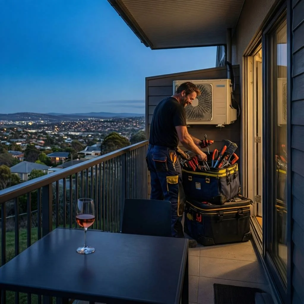 Technician Checking Winter Defrost Settings Melbourne technician with glass on balcony checking split system winter defrost settings; call 0420718827