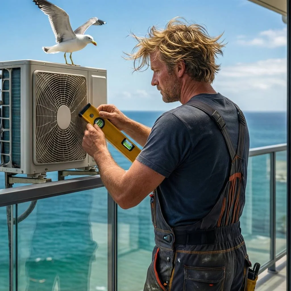 Seagull Watches Balcony Split System Defrost Check Technician in blue overalls adjusts split system winter defrost settings on a balcony as a seagull watches. Call 0420718827.