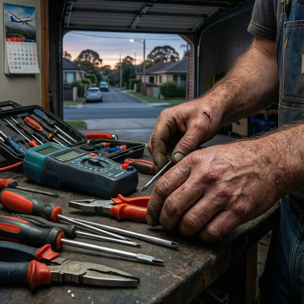 Technician in overalls prepares tools for split system zoning setup in Melbourne home