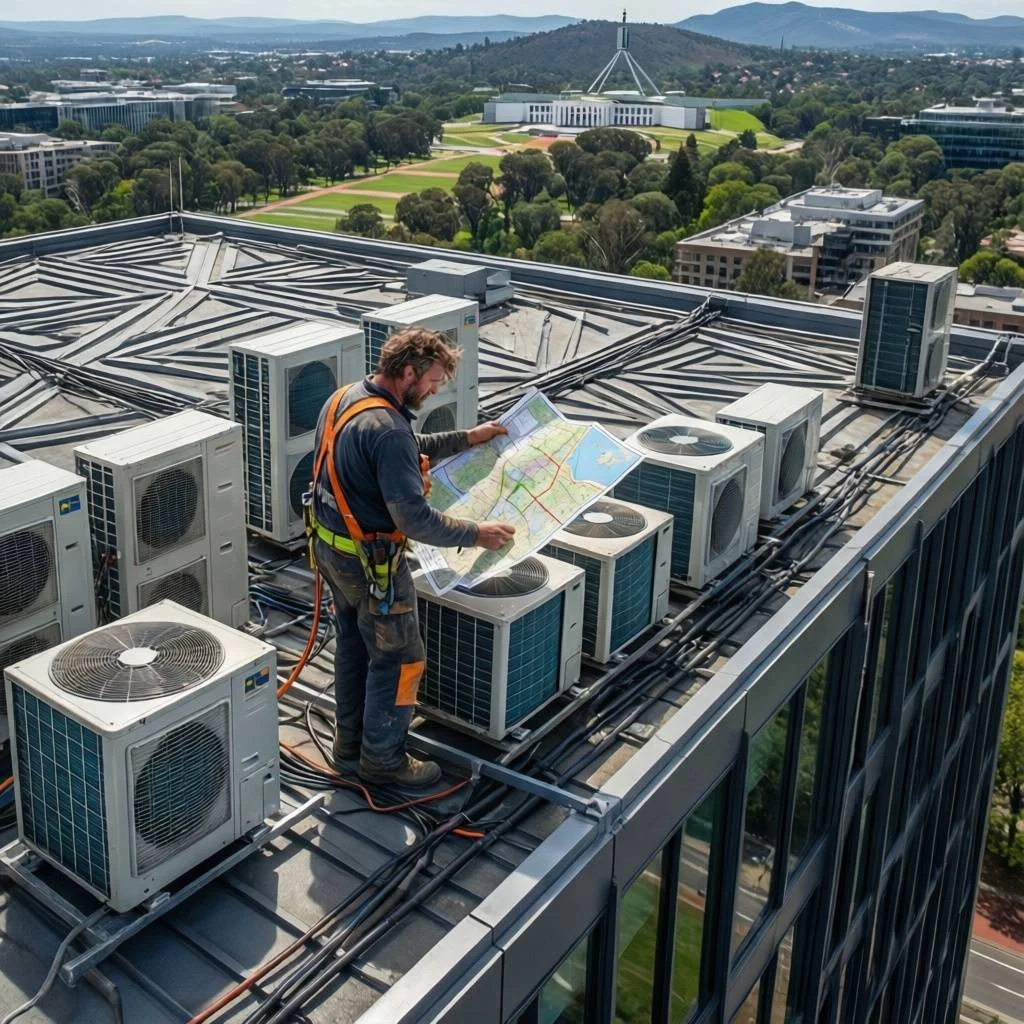 Technician reviewing split system cable route against melbourne council heritage checks, Parliament House behind. Call