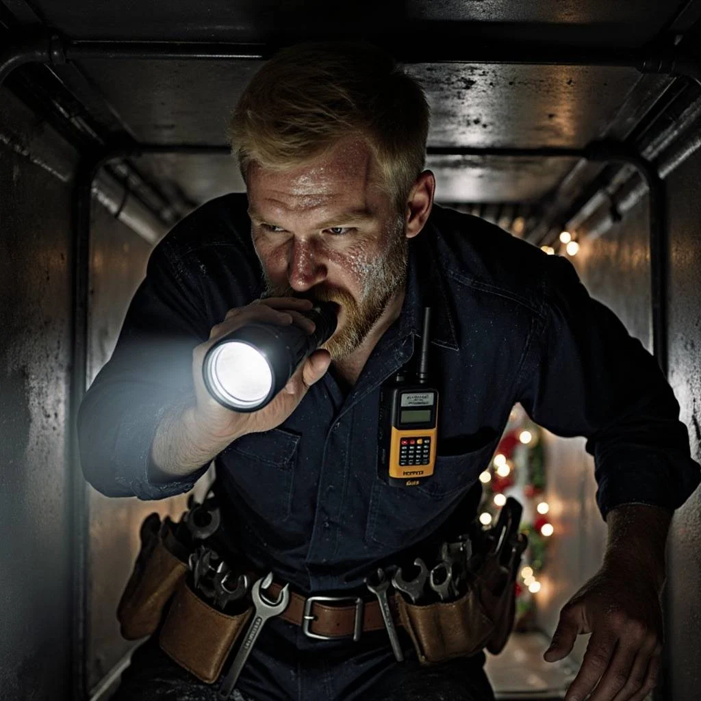 Bearded technician uses flashlight to inspect wiring routes for melbourne council heritage checks
