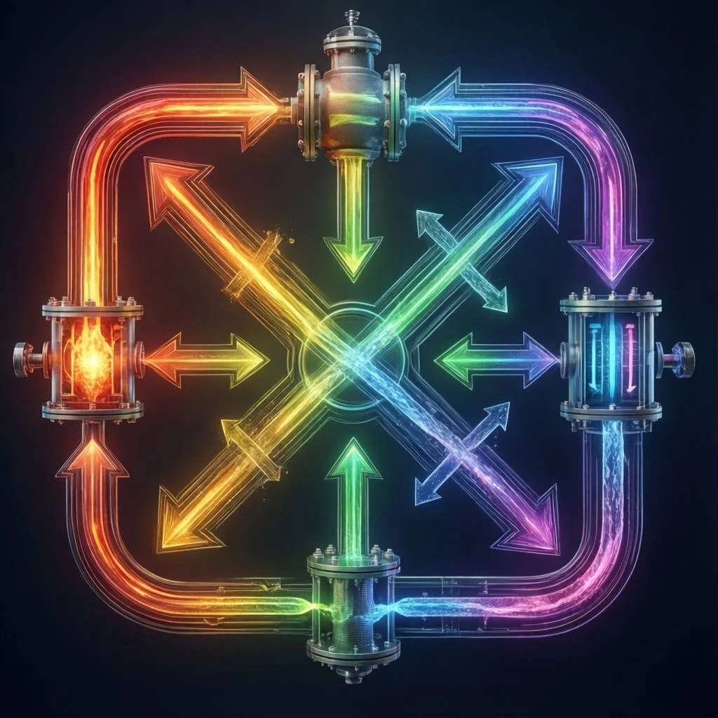 Split System Heat-Pump Payback Comparison Neon-lit apparatus with colorful arrows illustrating split system heat-pump payback versus gas ducted energy flow