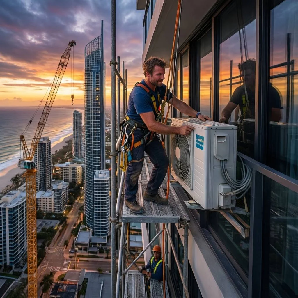 High-Rise Installation For Second Head Unit Technician in safety gear installing an air conditioning unit on a high-rise, with city skyline at sunset, illustrating a