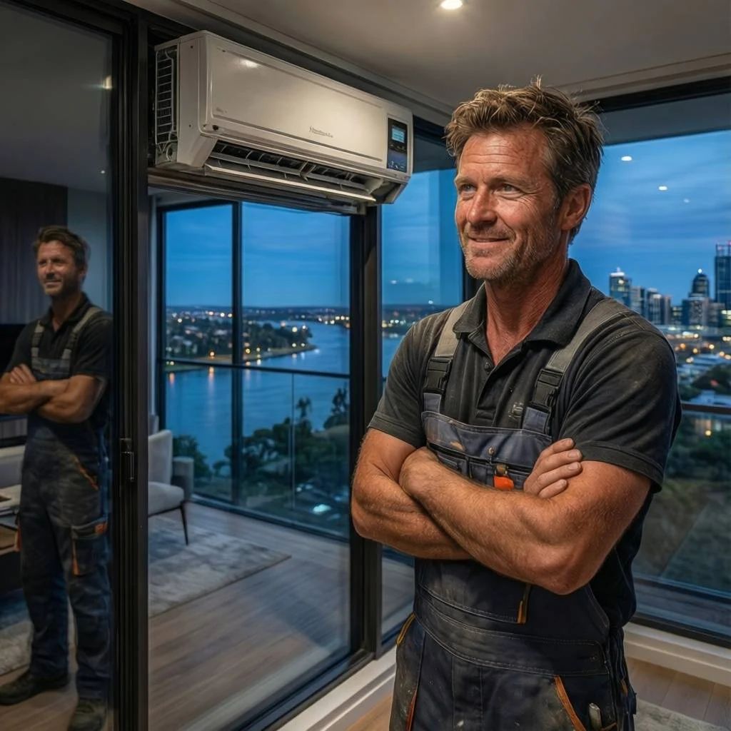 Technician installing a split system air conditioner in Melbourne with city view, call 0420718827 for expert service