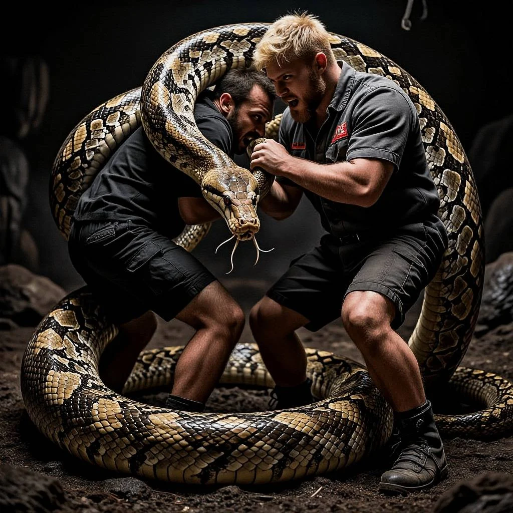Two people in black clothing confront a large python coiled nearby, highlighting unexpected home hazards — call 0420718827
