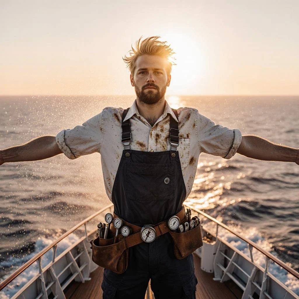 Strata Heat Rejection Technician at Sunset Technician in tool apron on deck at sunset assessing strata hot-water heat-rejection system – 0420718827